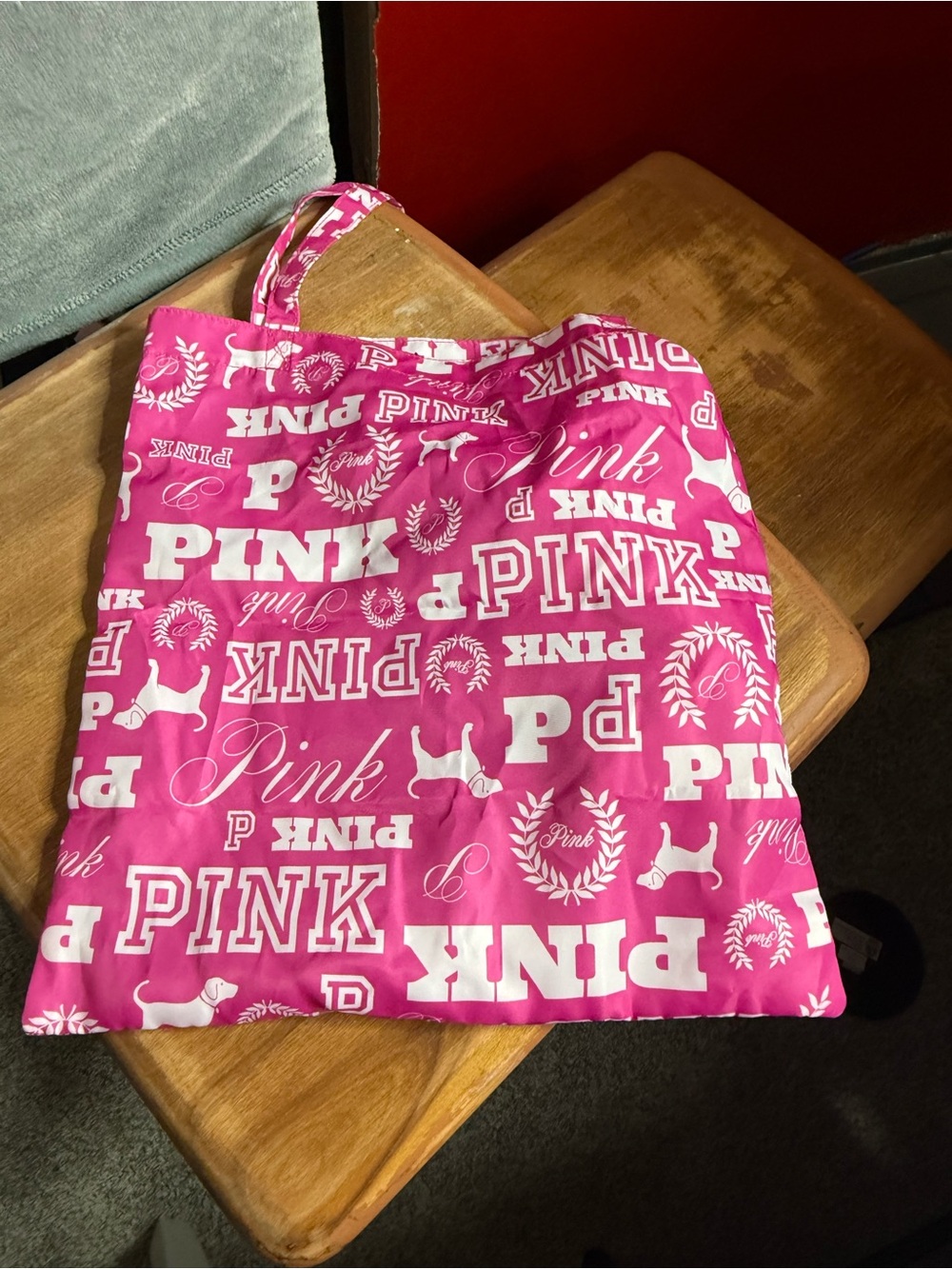 PINK Victoria's Secret Hot Pink Tote with White Logo Print with dog coin purse
